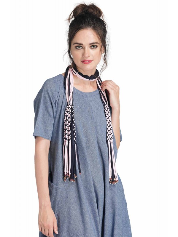 Caressa By Zenitex Black And Pink Cotton Lycra Necklace With White Pearl And Dark Pink Stone Work
