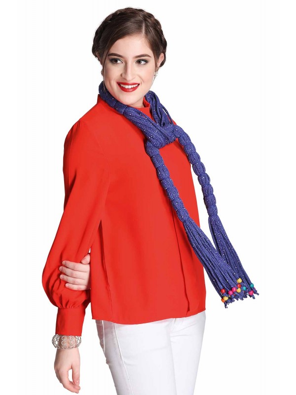 Caressa By Zenitex Blue Cotton Lycra Floral Printed Scarf With Multicolour Wooden Beads