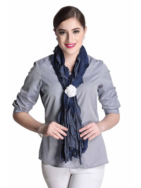 Caressa By Zenitex Grey Cotton Lycra Scarf With White Flower Rubbering