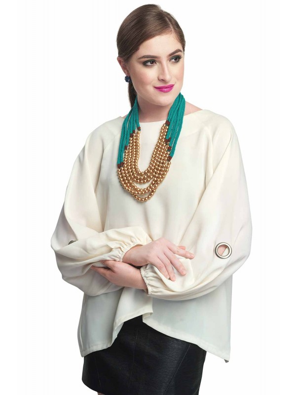 Caressa By Zenitex Turquoise Cotton Lycra Necklace With Copper Colour Beads And Brown Thread Work