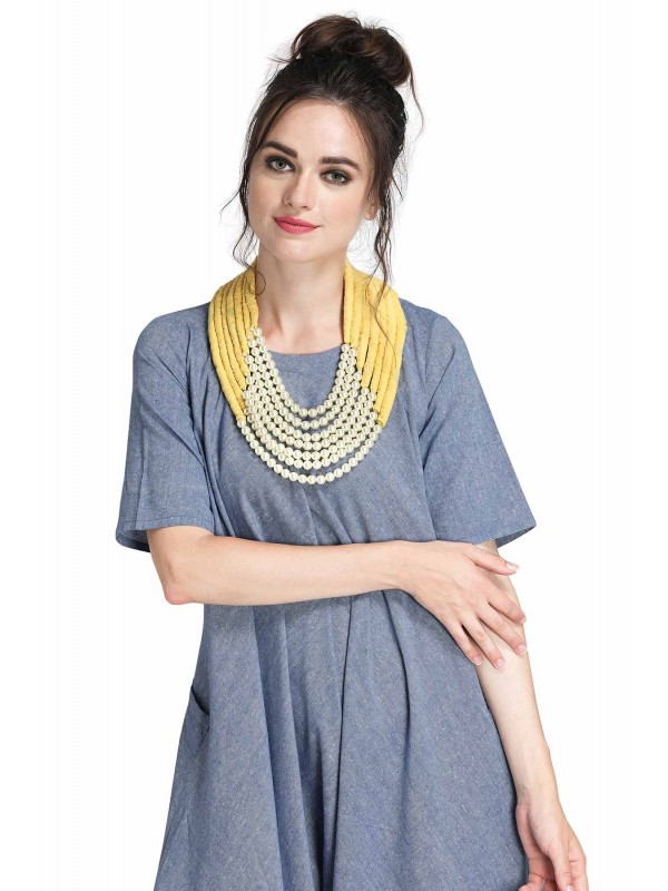 Caressa By Zenitex Yellow Cotton Lycra T-Shirt Necklace With Cotton Thread And White Pearl Work