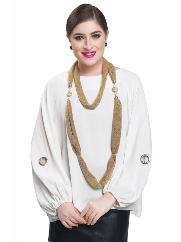 Caressa By Zenitex Light Brown Cotton Lycra Necklace With White Pearl And Metal Beads