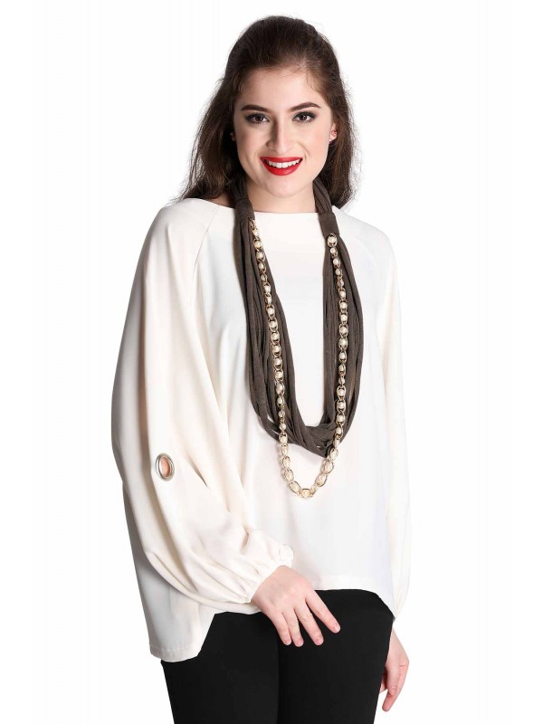 Caressa By Zenitex Olive Green Cotton Lycra Necklace With Golden And White Pearl Chain 