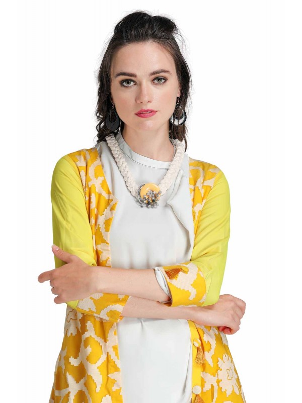 Caressa By Zenitex White Yarn Necklace With Yellow Broach