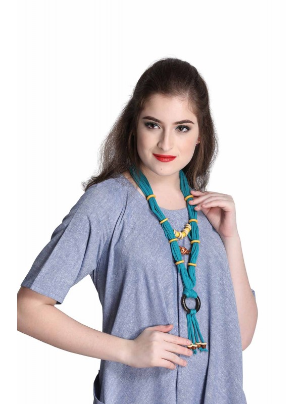 Caressa By Zenitex Turquoise Cotton Lycra Necklace With Wooden Beads & Ring
