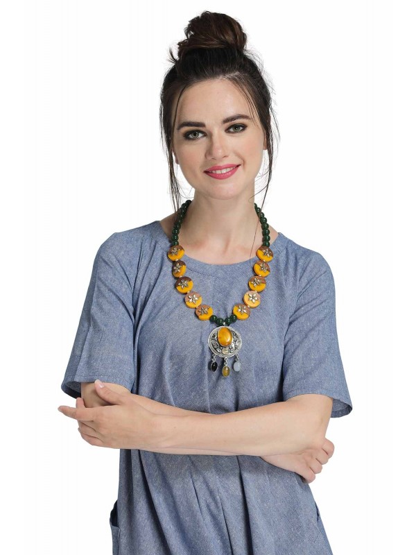 Caressa By Zenitex Yellow Pearl Necklace With Brown Wooden Beads & Pendant