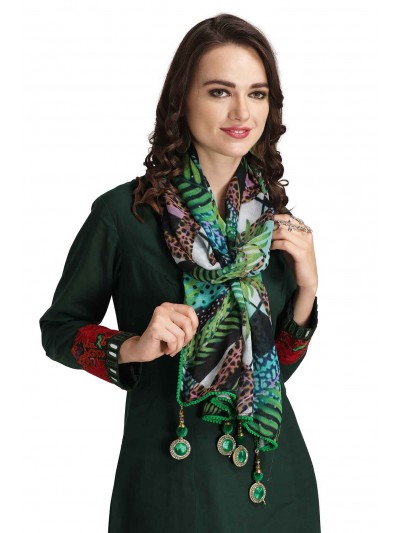 Caressa By Zenitex Multicolour Jute Digital Printed Woollen-Lace Tasselled Scarf