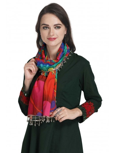 Caressa By Zenitex Multicolour Digital Printed Butter Crepe Silver Beads Lace Scarf