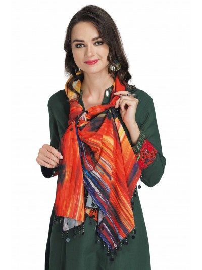 Caressa By Zenitex Red Digital Printed Butter Crepe Scarf With Black Beads And Tikli Lace